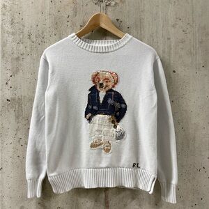 Vintage Polo Ralph Lauren Bear White Knit Sweater Women Medium Preppy